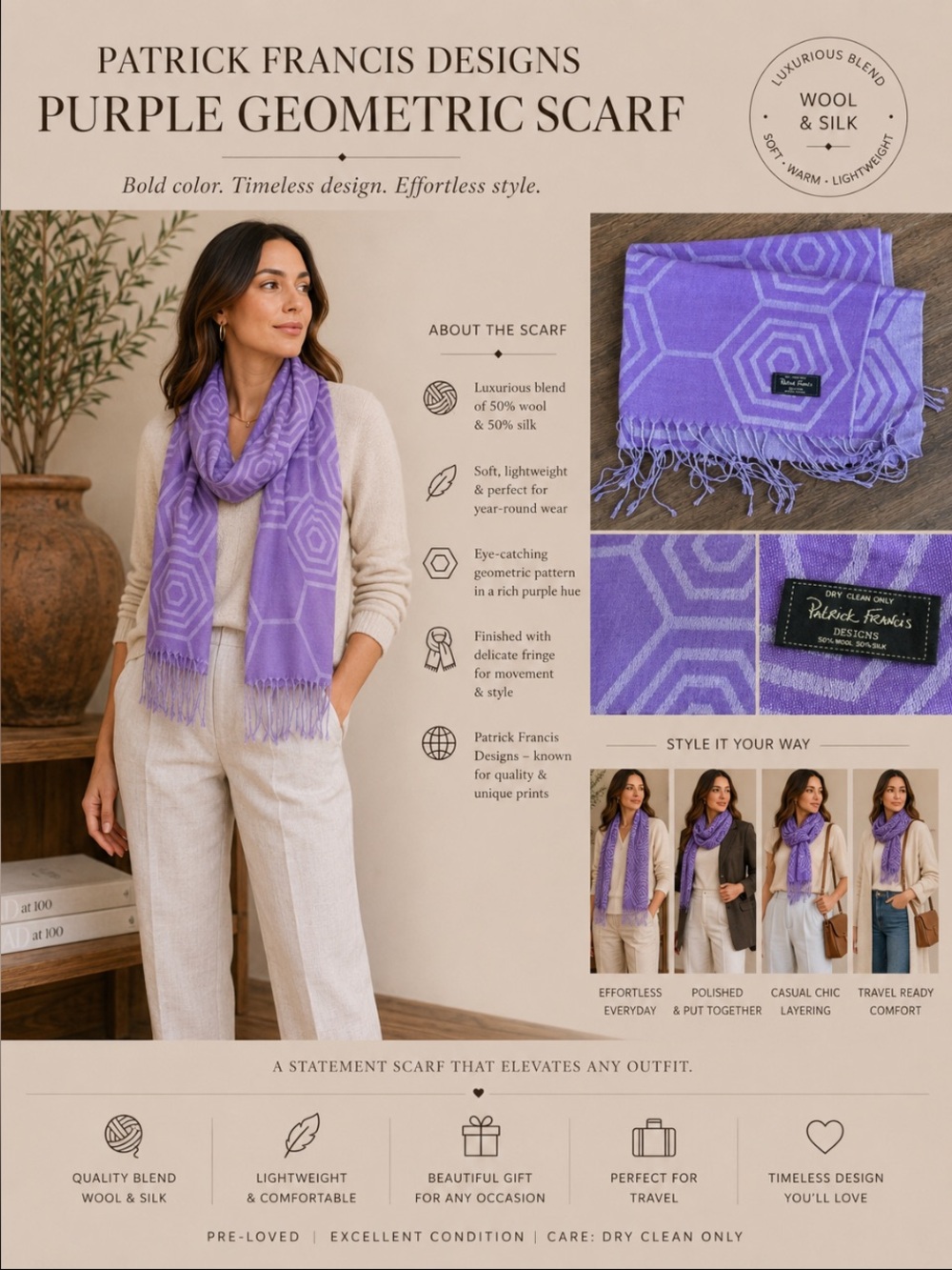 Patrick Francis Designs Purple Geometric Fringe Scarf